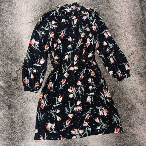 Rebecca Taylor Long Sleeve Button Front Tie Waist Floral Print Dress Women's 8 - Picture 4 of 11